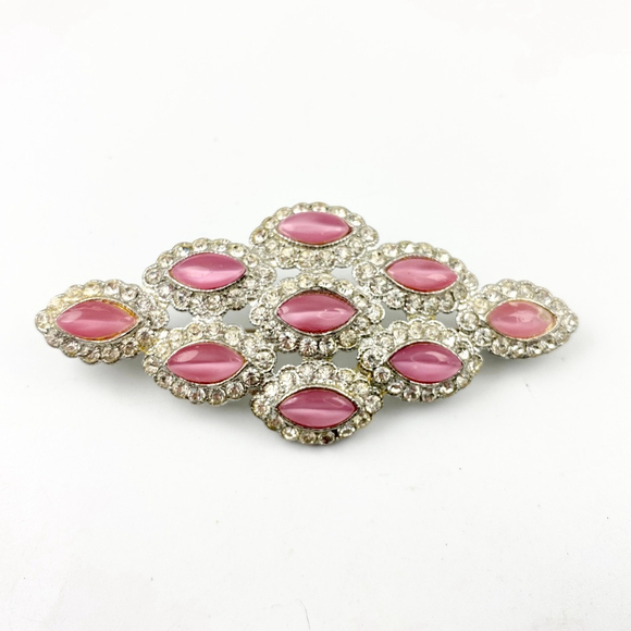 Vintage 1940s Art Deco Pink Moonglow Glass Rhinestone Clear Crystal Brooch. - Picture 2 of 6